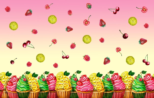 Cupcakes multicoloridos. Padrão sem emenda horizontal Ilustração em aquarela.