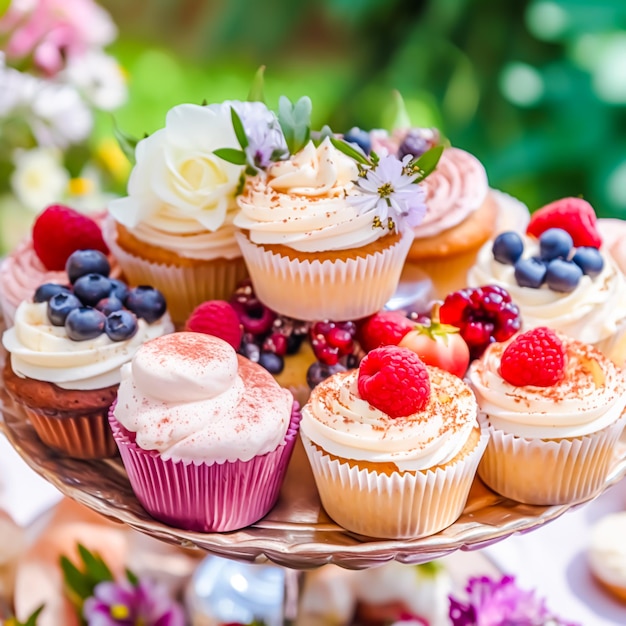 Cupcakes pasteles bollos y muffins y decoración navideña al aire libre en el jardín de estilo rural inglés postres dulces para cumpleaños de bodas o fiestas de celebración generativa ai