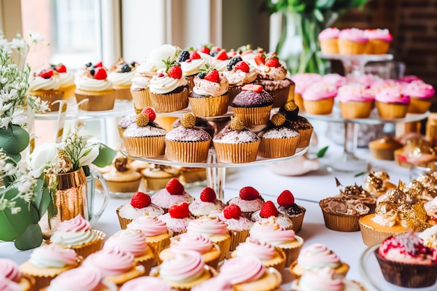 Cupcakes pasteles bollos y muffins y decoración de vacaciones al aire libre en el jardín de estilo rural inglés postres dulces para bodas cumpleaños o celebración de fiestas ai generativo posprocesado