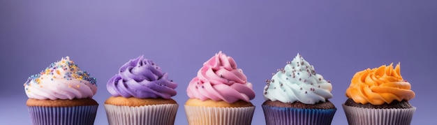 Cupcakes de pie sobre fondo púrpura blanco degradado IA generativa panorámica amplia