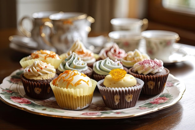 Cupcakes en un plato listo para un té de la tarde creado con ai generativo