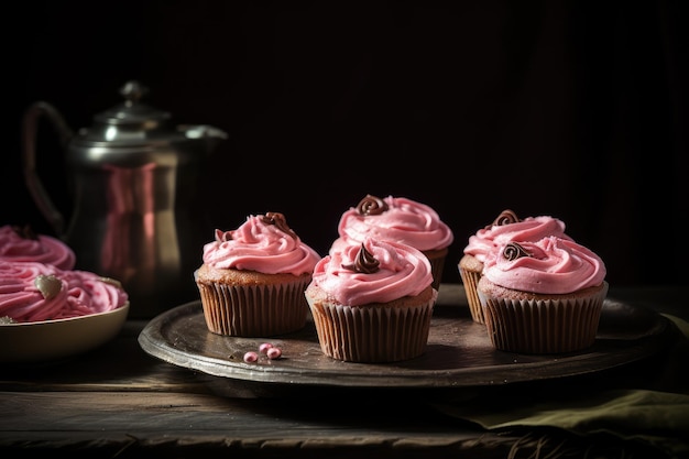 Cupcakes rosa cor morangos Cupcake delicioso cupcakes de frutas em fundo escuro Abstracto Ilustração de IA generativa