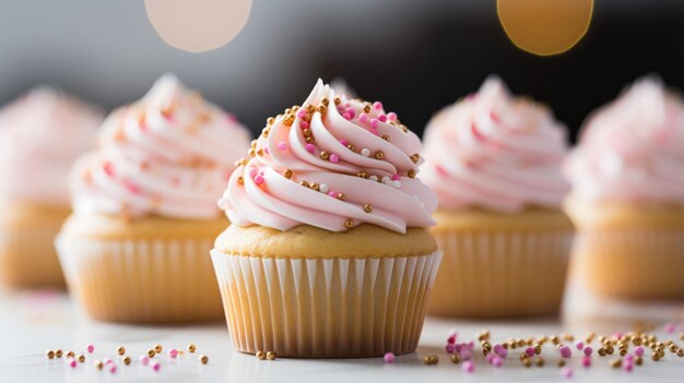 Cupcakes rosas y dorados con chispas encima