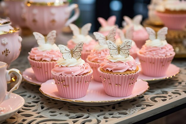 Cupcakes servidos em um prato de sobremesa com uma seleção de frutas frescas e creme batido