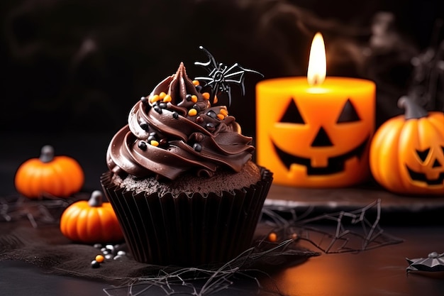 Cupcakes und Kürbisse auf dunklem Hintergrund, Süßigkeiten für die Feier