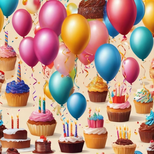 Cupcakes variados e balões coloridos