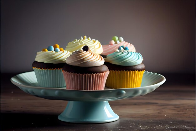 Cupcakes variados em um prato de bolo branco gerado por IA generativa