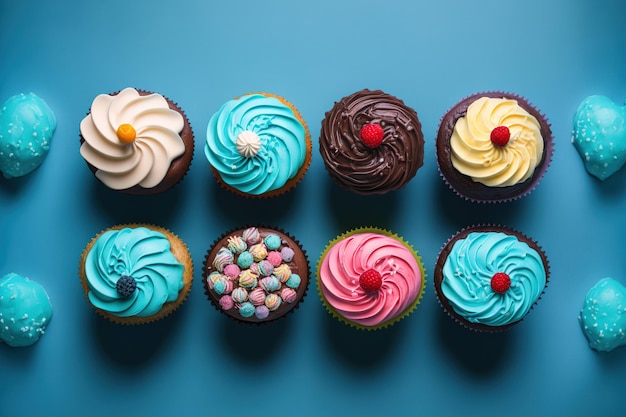 Cupcakes en varios colores sobre un fondo azul con espacio de copia