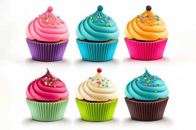 Cupcakes en varios colores sobre un fondo blanco.