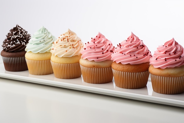 Cupcakes vívidos se destacam individualmente contra um isolamento branco limpo