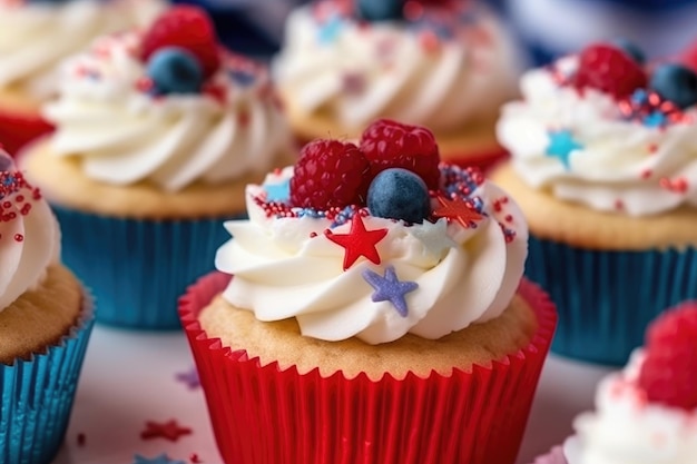 Cupcakes zum 4. Juli, dekoriert mit Zuckerguss und Streuseln im amerikanischen Stil. Illustration Generative KI