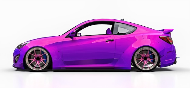 Cupé de automóvil deportivo pequeño púrpura Afinación de carreras avanzada con piezas especiales y extensiones de rueda