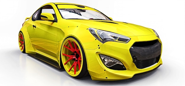 Cupé de coche deportivo pequeño amarillo. Tuning de carreras avanzado con piezas especiales y extensiones de rueda. Representación 3D.