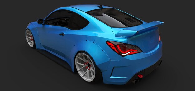 Cupé de coche deportivo pequeño azul sobre fondo gris. Representación 3D.