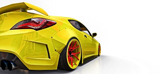 Cupê de carro esporte pequeno amarelo. Afinação de corrida avançada com peças especiais e extensões de roda. Renderização 3D.