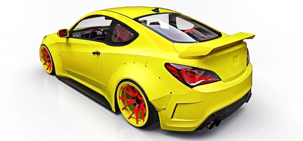 Cupê de carro esporte pequeno amarelo. Afinação de corrida avançada com peças especiais e extensões de roda. Renderização 3D.