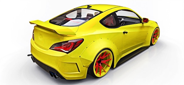 Cupê de carro esporte pequeno amarelo. Afinação de corrida avançada com peças especiais e extensões de roda. Renderização 3D.