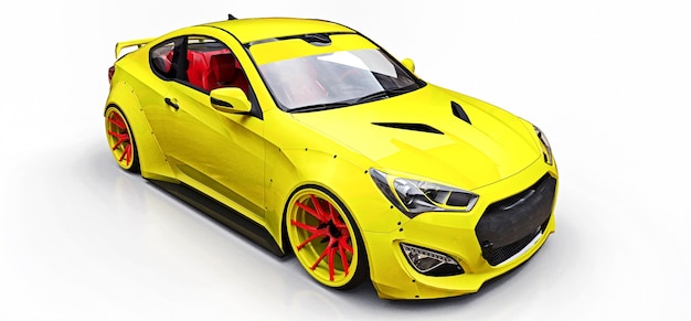 Cupê de carro esporte pequeno amarelo. Afinação de corrida avançada com peças especiais e extensões de roda. Renderização 3D.