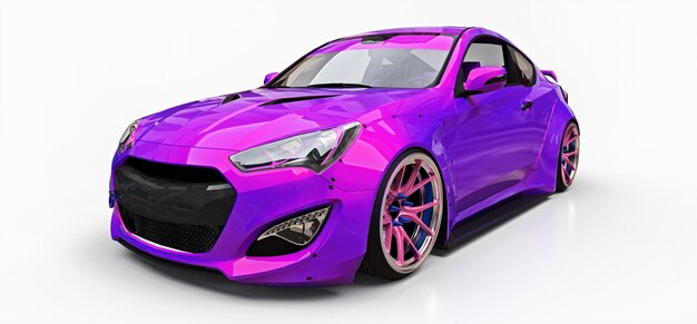 Cupê de carro esporte pequeno roxo. Afinação de corrida avançada com peças especiais e extensões de roda. Renderização 3D.