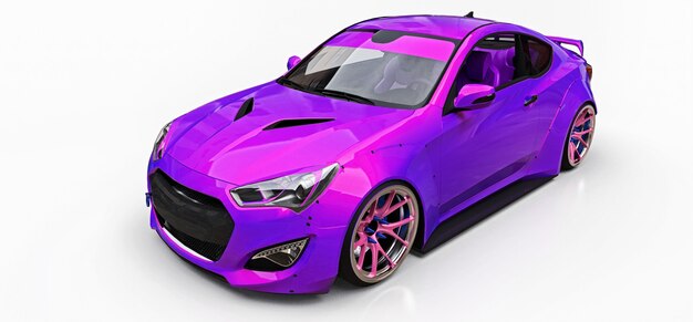 Cupê de carro esporte pequeno roxo. Afinação de corrida avançada com peças especiais e extensões de roda. Renderização 3D.