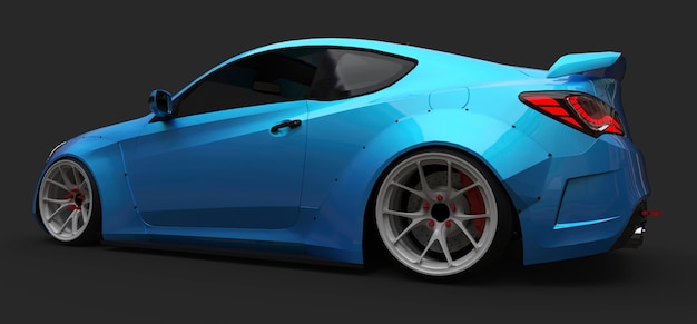 Cupê de carro esportivo pequeno azul em fundo cinza. renderização 3d.