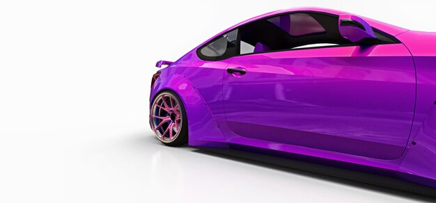 Cupê de carro esportivo pequeno roxo. ajuste de corrida avançado com peças especiais e extensões de roda. renderização 3d.