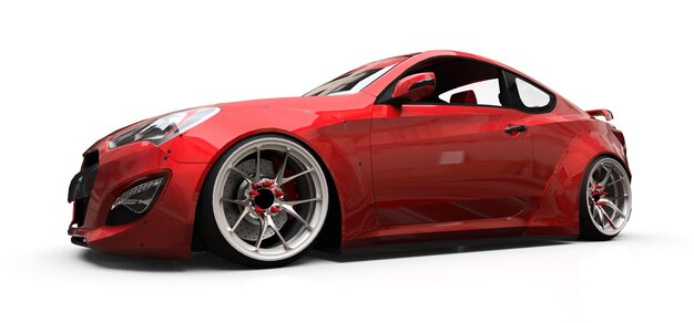 Cupê de carro esportivo pequeno vermelho sobre fundo branco. Renderização 3D.