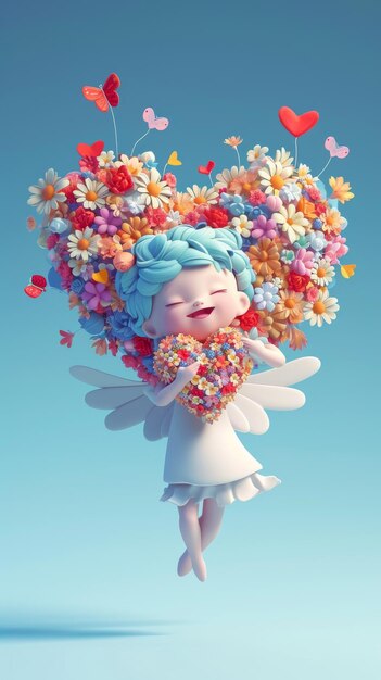 Cupido de dibujos animados en 3D mantenga la flor del corazón aislada sobre fondo liso