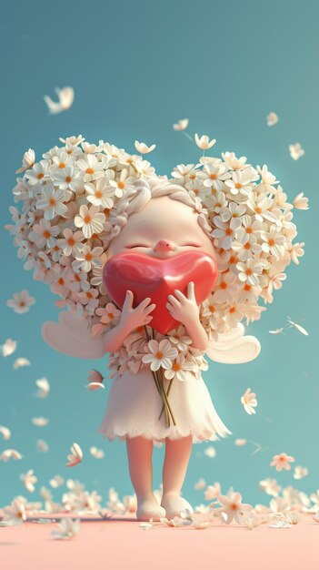 Cupido de dibujos animados en 3D mantenga la flor del corazón aislada sobre fondo liso