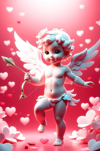 Cupido e corações em fundo rosa