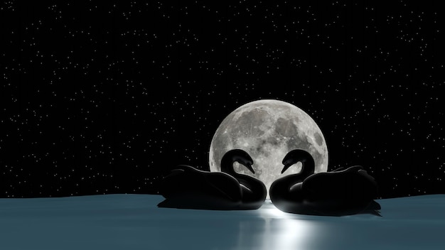 Un cupón de cisne está nadando en un lago con luna llena en el cielo nocturno (Representación 3D)