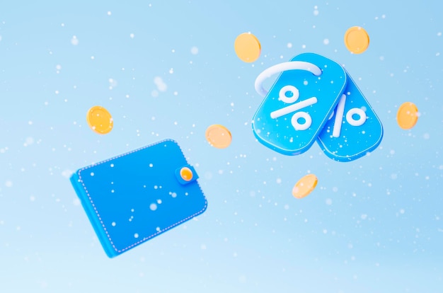 Cupones azules 3d con billetera y bolas con efecto borroso sobre fondo claro Para marketing promocional