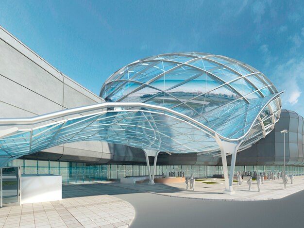 Cúpula de acero y vidrio de mega centro comercial de diseño moderno futurista y forma ondulada. Render 3D.