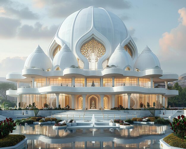 La cúpula de la casa de culto bahá'í se eleva hacia los cielos suaves los templos se desvanecen hacia arriba