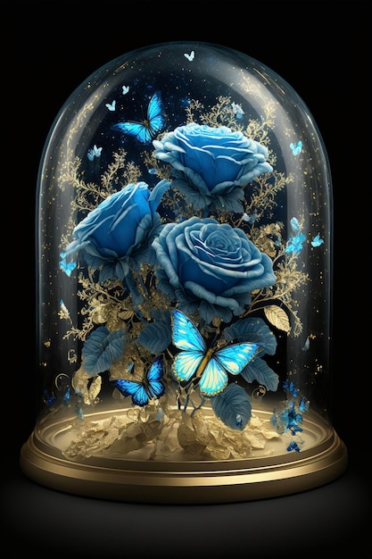Cúpula de cristal llena de rosas azules y mariposas ai generativo