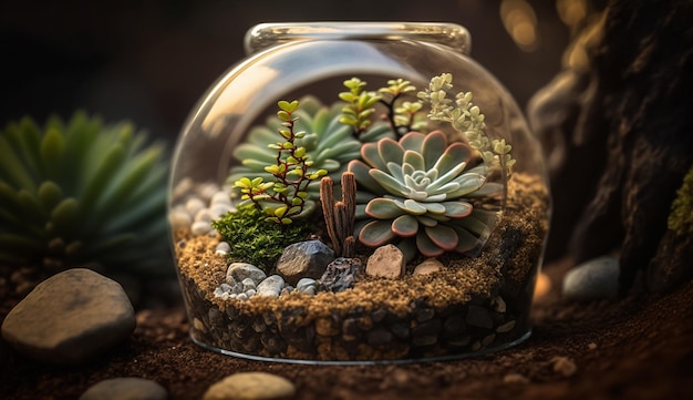 Una cúpula de cristal con suculentas en el interior.