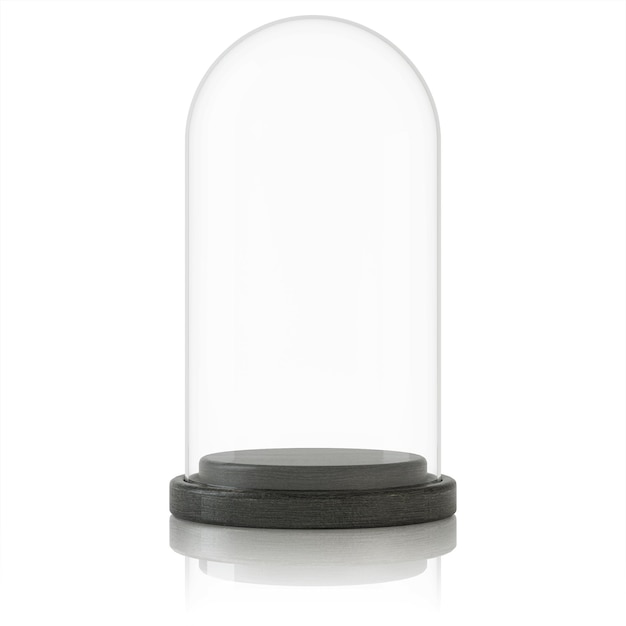 Cúpula de cristal vacía sobre un fondo blanco. Trazado de recorte incluido. Representación 3D.