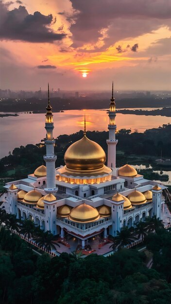 Foto cúpula da mesquita putra na malásia ao pôr do sol