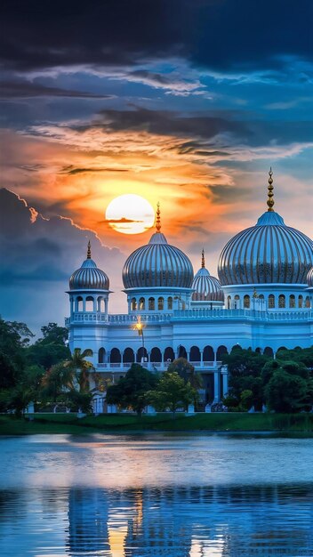 Foto cúpula da mesquita putra na malásia ao pôr do sol