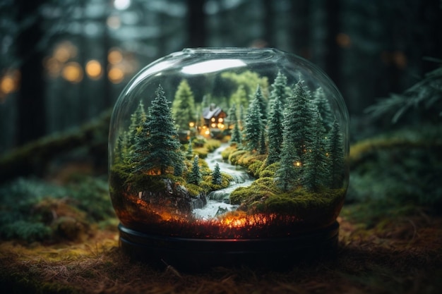 Cúpula de vidro com uma pequena casa na floresta