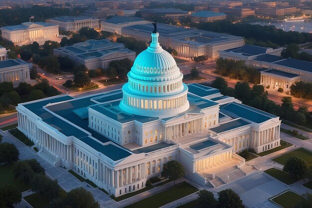 Cúpula do Capitólio Símbolo da Política Americana e Conceito Holográfico de Inovação Blockchain