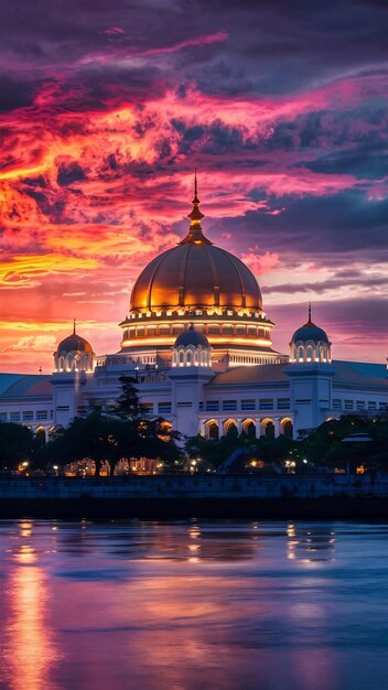 Foto la cúpula de la mezquita de putra en malasia al atardecer