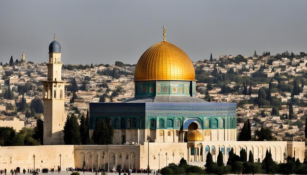 Foto una cúpula de oro de una mezquita está rodeada por una ciudad