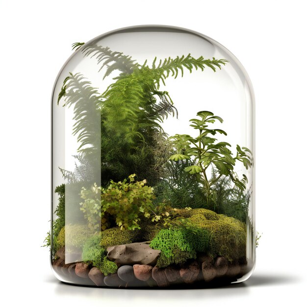 Cúpula de vidrio con un bosque en el interior aislada sobre un fondo blanco