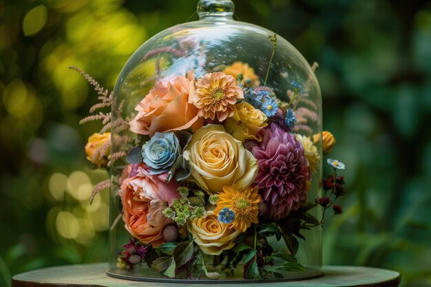 Una cúpula de vidrio con flores en su interior