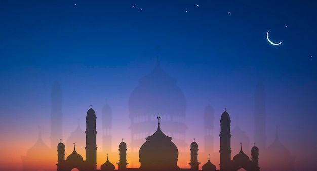 Cúpulas de mesquita de silhueta com lua crescente no céu crepuscular durante o mês sagrado do Ramadã, ilustração
