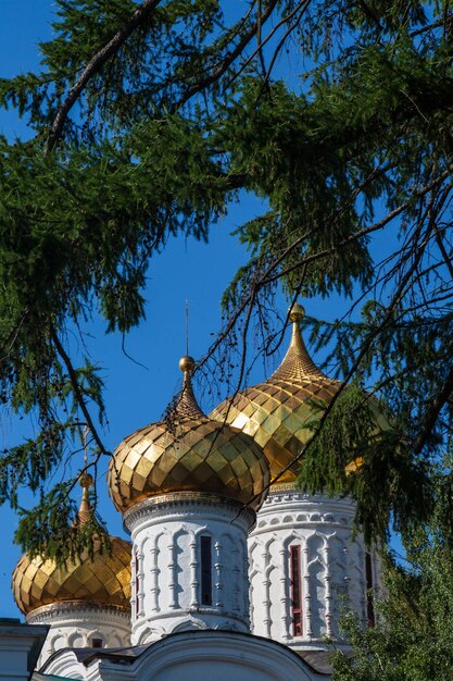 Cúpulas doradas del Monasterio Patiev Ipatievsky bajo un sombrío cielo nublado Kostroma Golden Ring Rusia