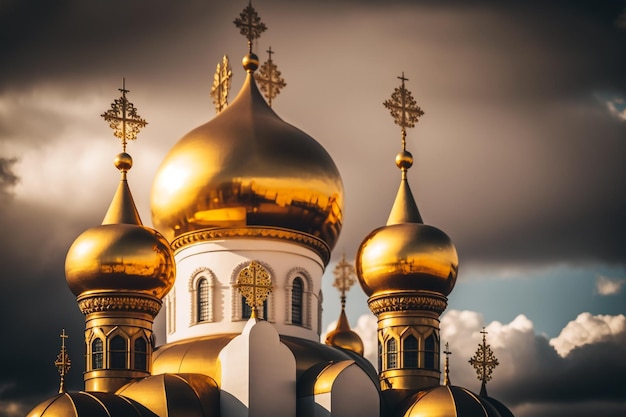 Cúpulas douradas da igreja contra o pano de fundo de um céu ensolarado Generative AI
