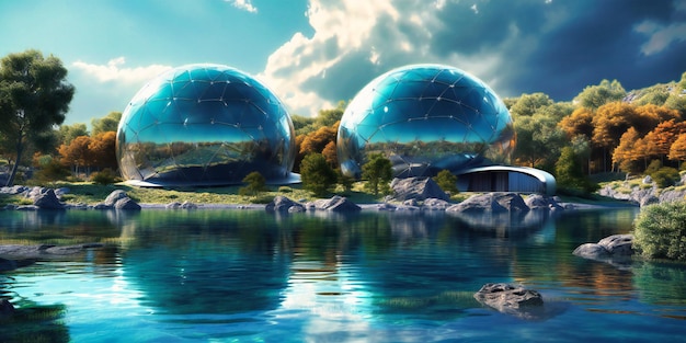Cúpulas futuristas para vivienda en un lago