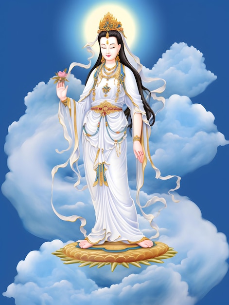 Foto la curación con kuan yin guanyin de pie en las hojas de loto diosa de la misericordia